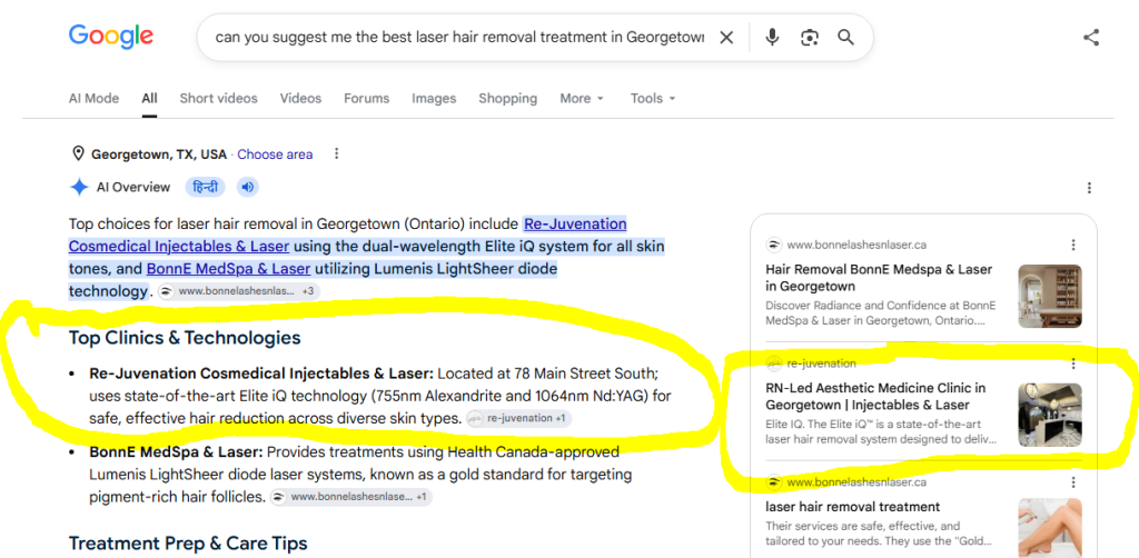 Re-Juvenation Cosmedical Injectables & Laser featured in Google AI Overview Georgetown
