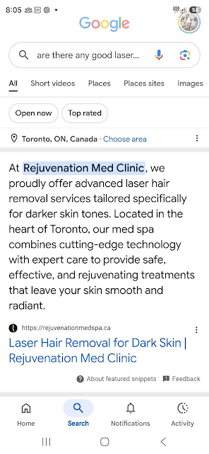Google featured snippet showing Rejuvenation Med Clinic laser hair removal for dark skin in Toronto