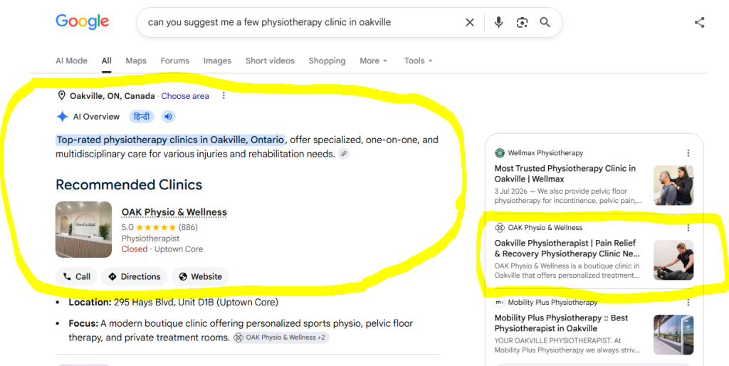 Google AI Overview recommending OAK Physio & Wellness as a top physiotherapy clinic in Oakville